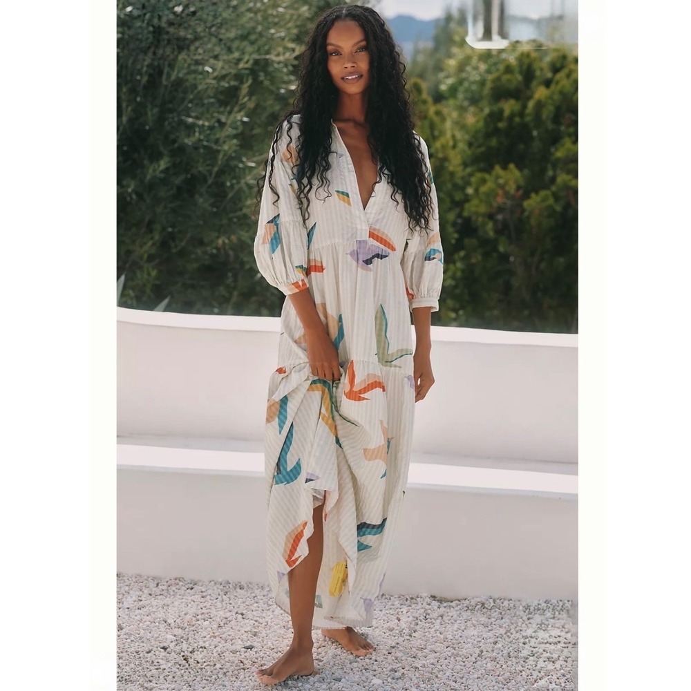 Anthropologie Celandine Carolita Printed Tiered Shirt Dress Blue White Bird XS - Picture 5 of 6